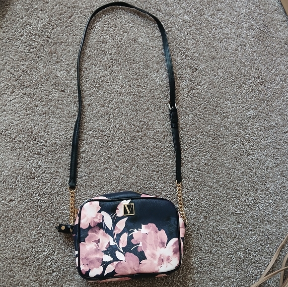 Victoria’s Secret Black & Pink Floral Crossbody Bag with Gold V Logo - Picture 2 of 9